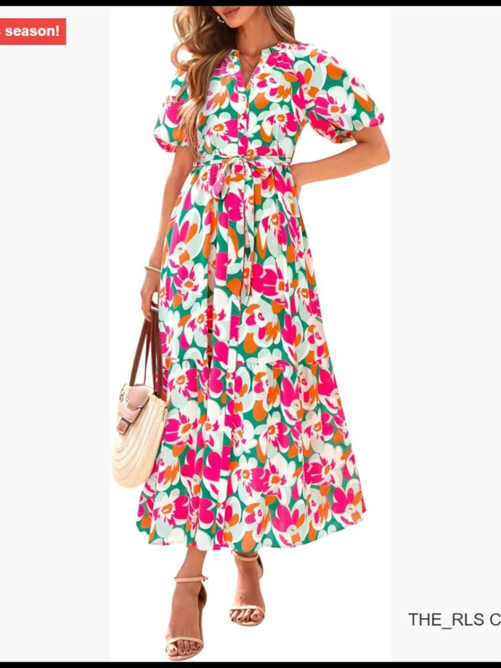 Lightweight Polyester Maxi Dress with V-Neck Puff Sleeves Self-Tie Belt